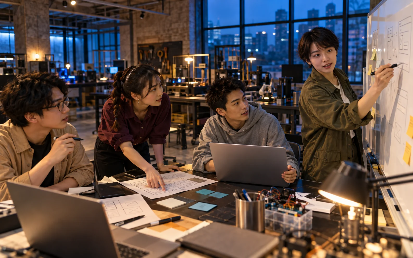 夕方の制作スタジオで画面案を描き、アイデアを検討する参加者たちの生成イメージ