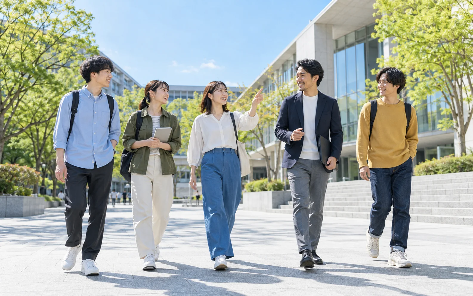 緑のあるキャンパスを歩きながら若者と企業の担当者が交流する生成イメージ